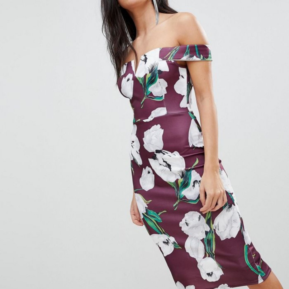 Purple floral bardot dress.